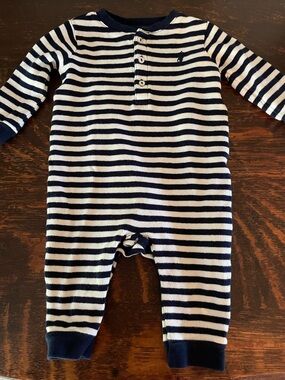 RALPH LAUREN Striped Navy + White 6M Baby Onesie Coveralls